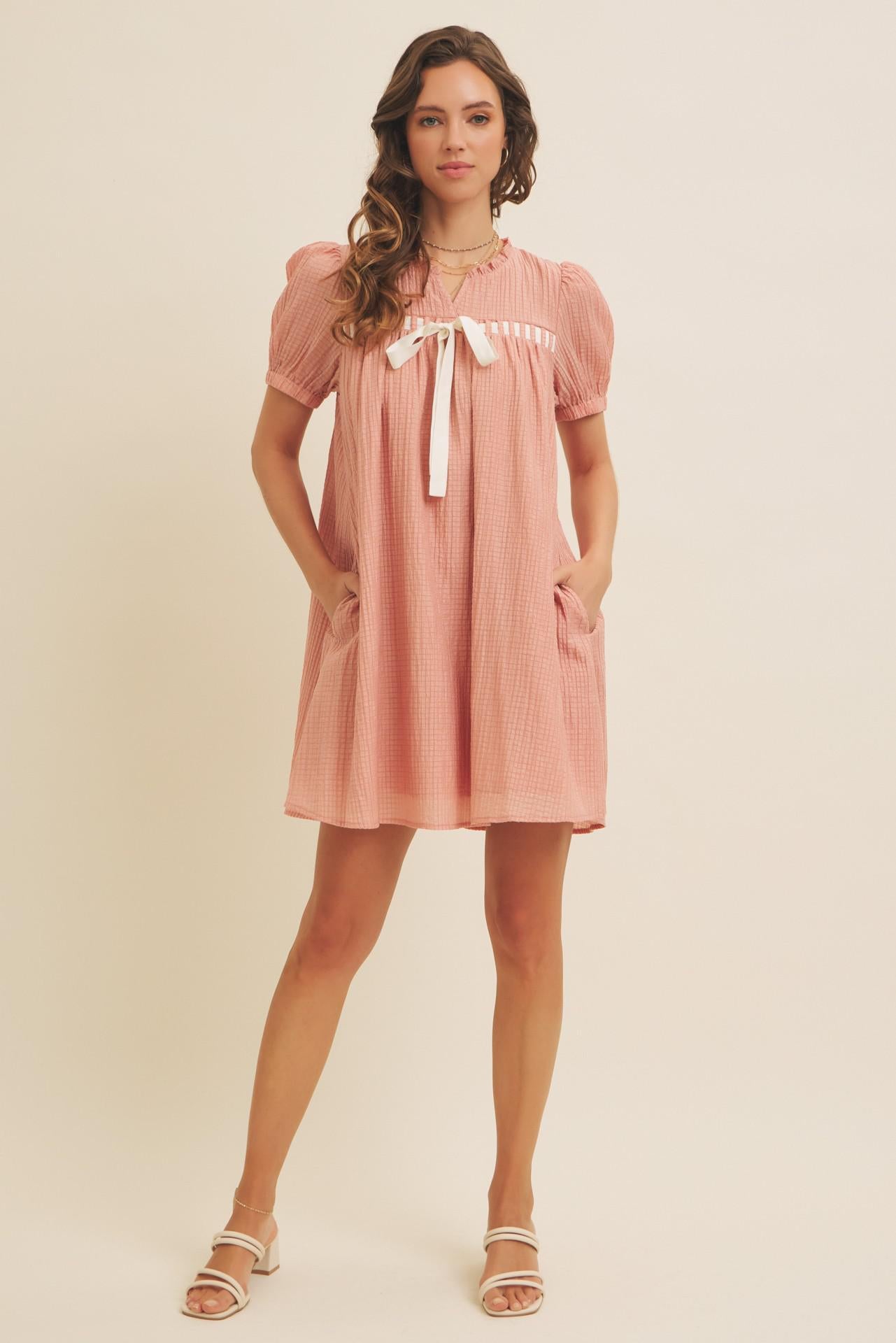 Textured Babydoll Mini Dress With Front Bow
