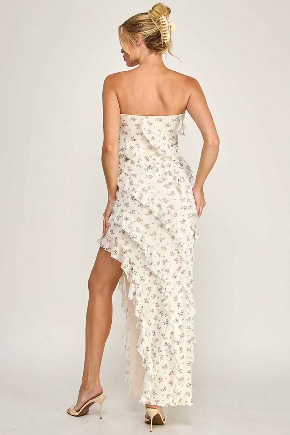 IVORY PRINT MESH RUFFLE TUBE MAXI DRESS