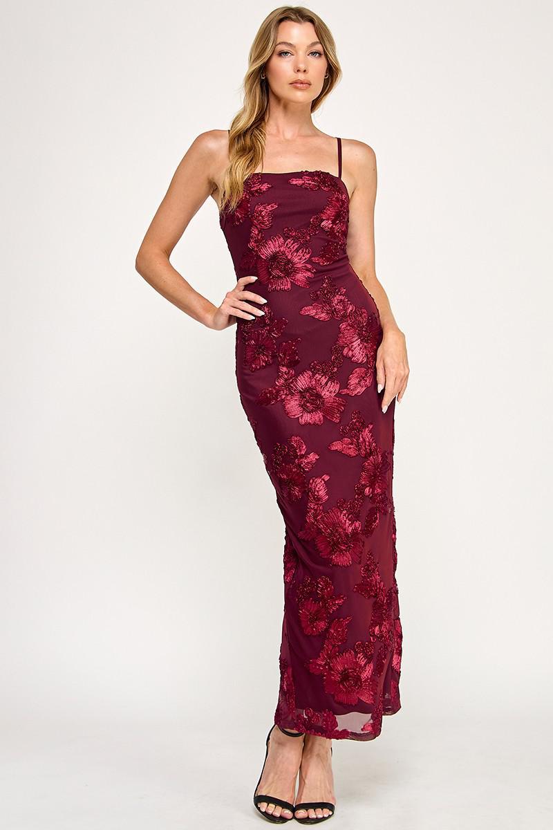 Sleeveless Mesh Floral Embroidered Maxi Dress