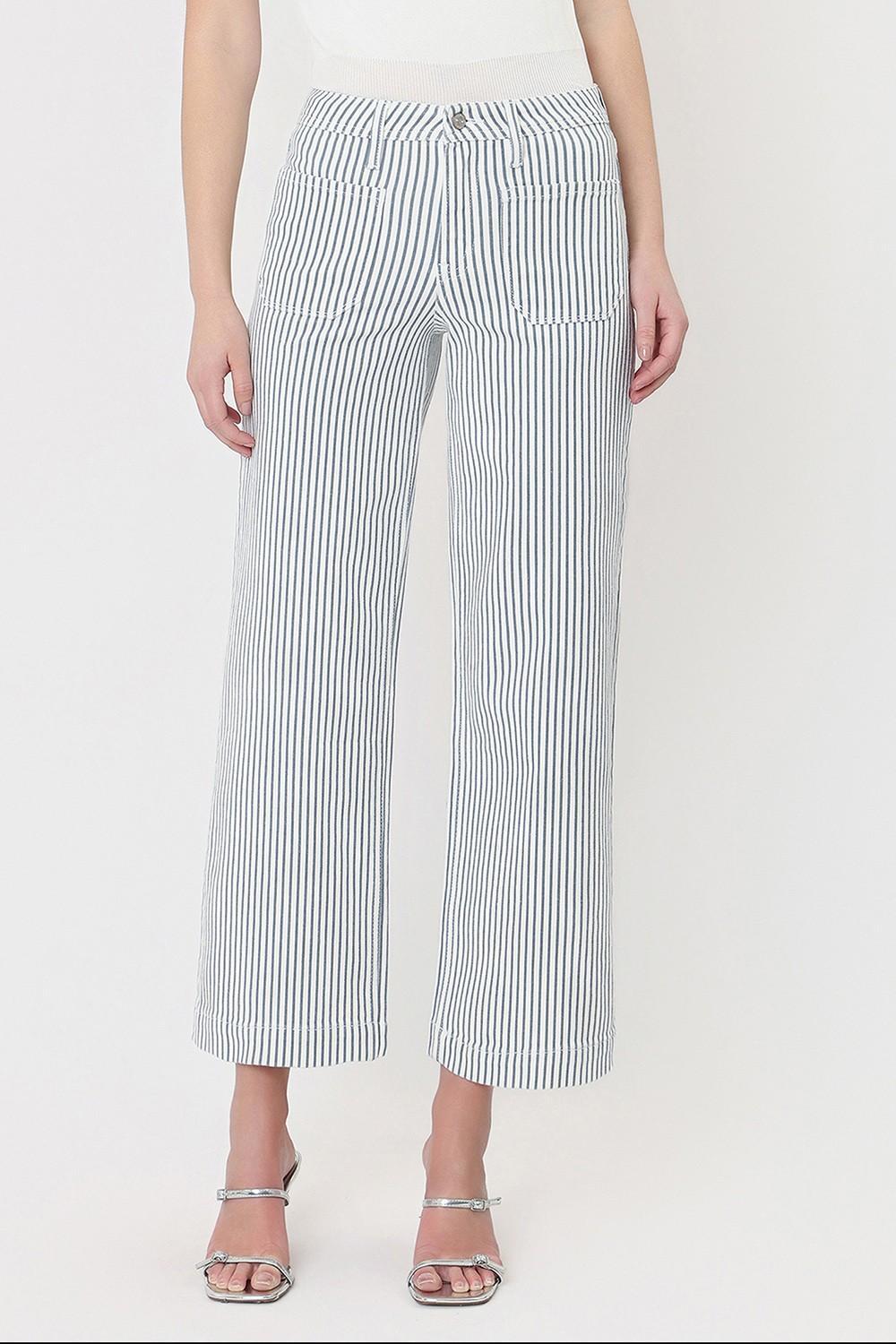 High Rise Patch Pocket Crop Striped Wide Leg Jeans