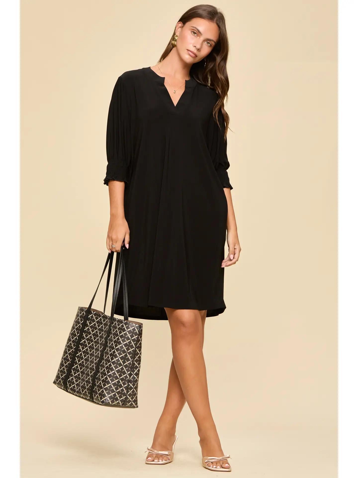 Black Smocked Sleeve Lizzy Collar Shirt Dress