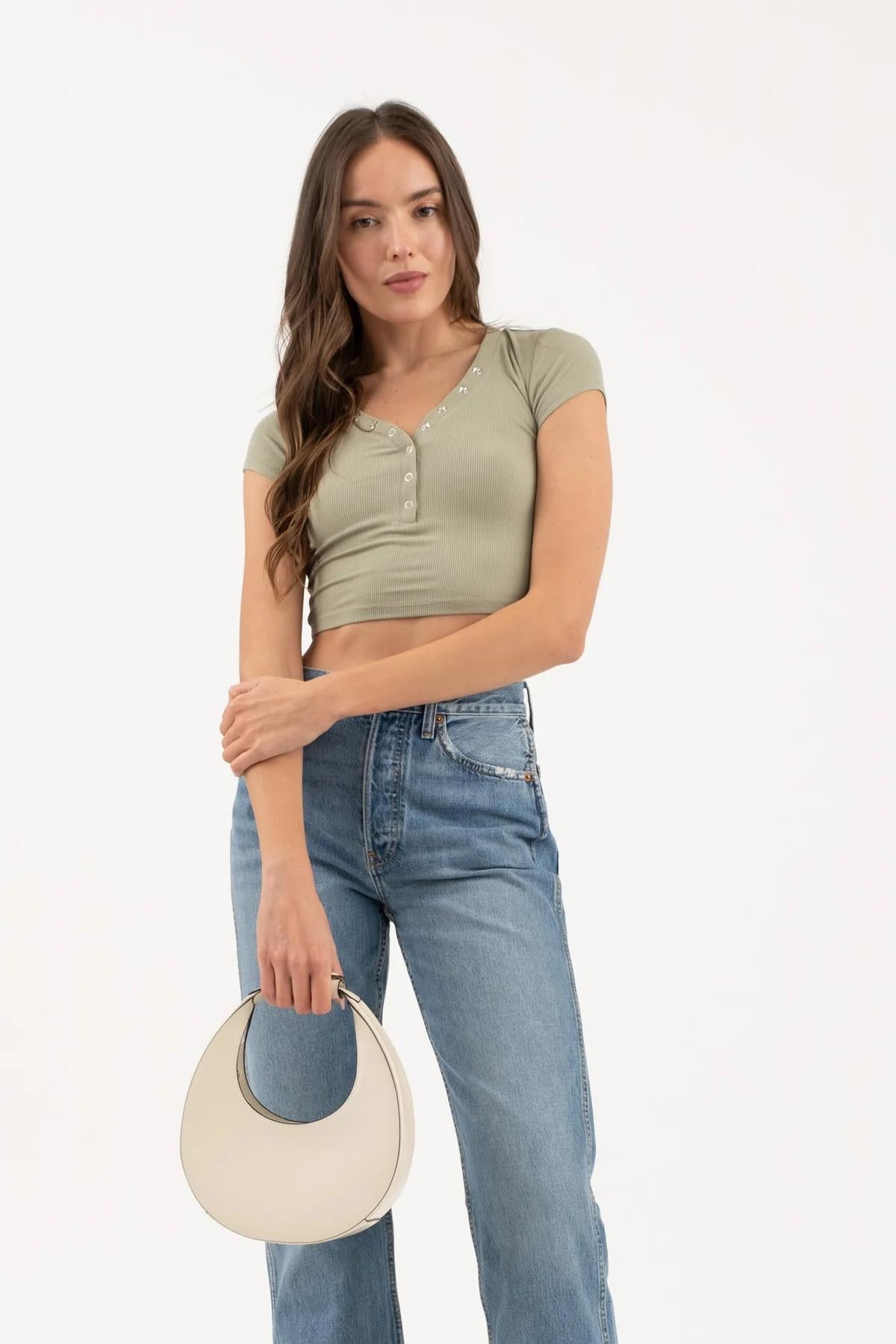 Olive Snap Button Henley Crop Top