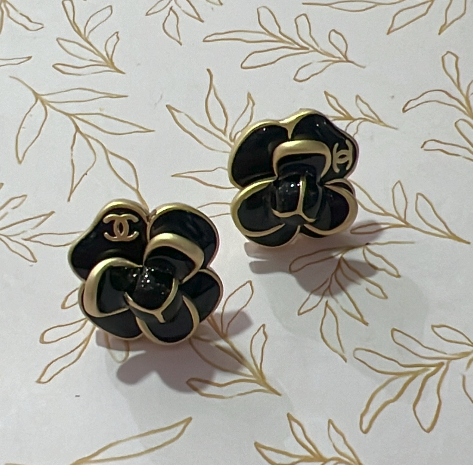 Black Flower Chanel Post Earrings