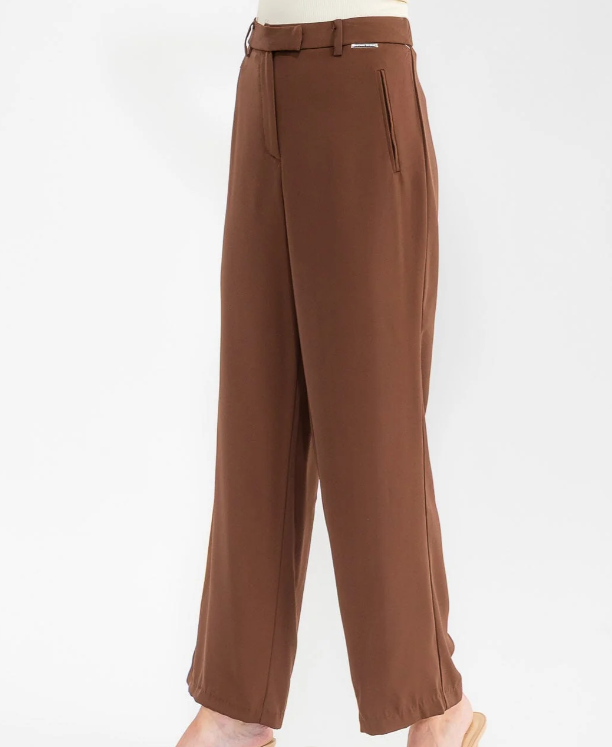 BROWN BUTTON CLOSURE WIDE LEG PANTS