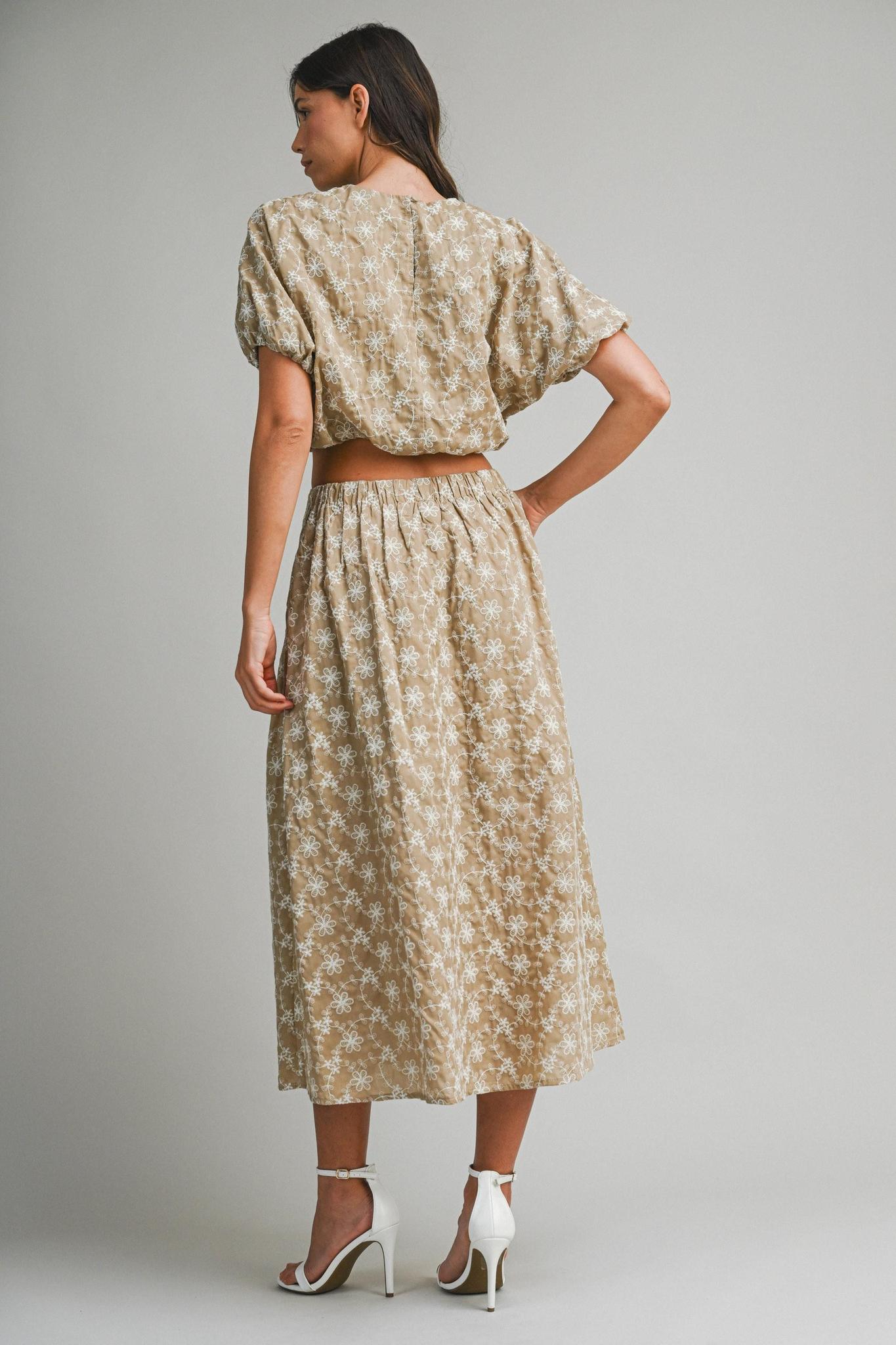 Embroidered Puff Crop Top And Midi Skirt Set