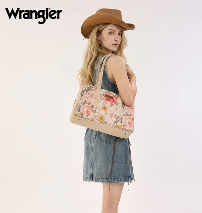 Wrangler Floral Print Braided Satchel Bag - Tan