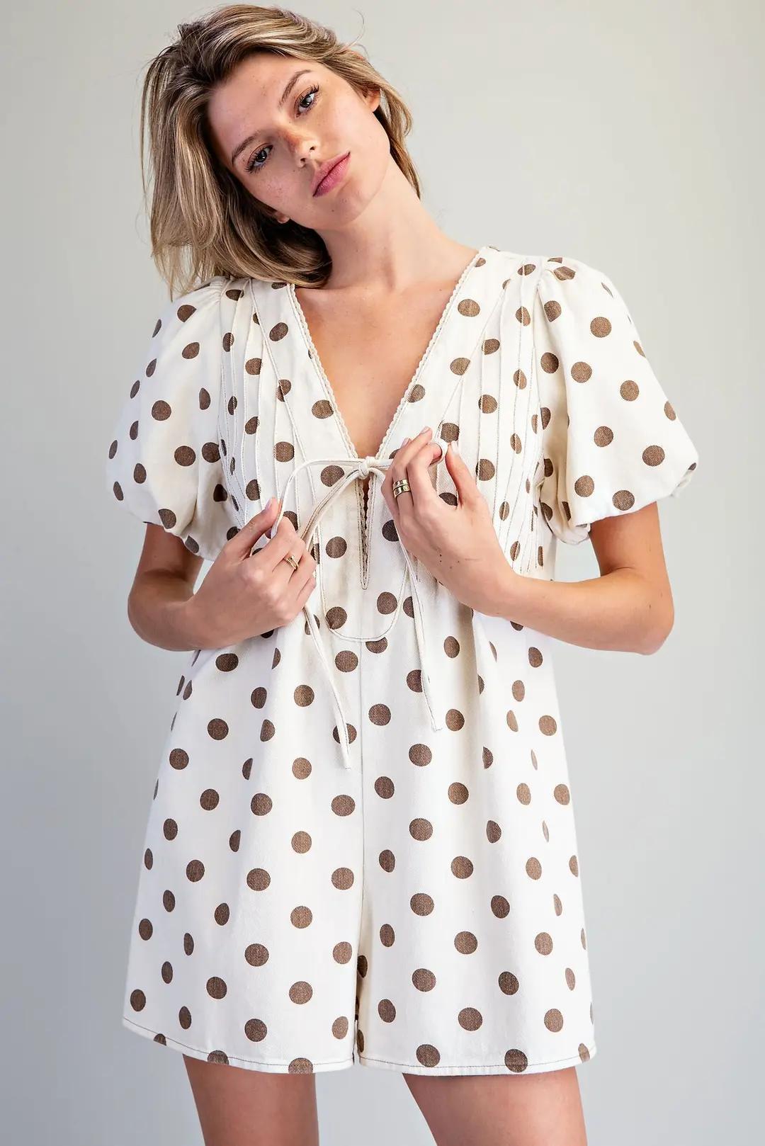 Oatmeal Mineral Washed Polka Dot Pleated Romper