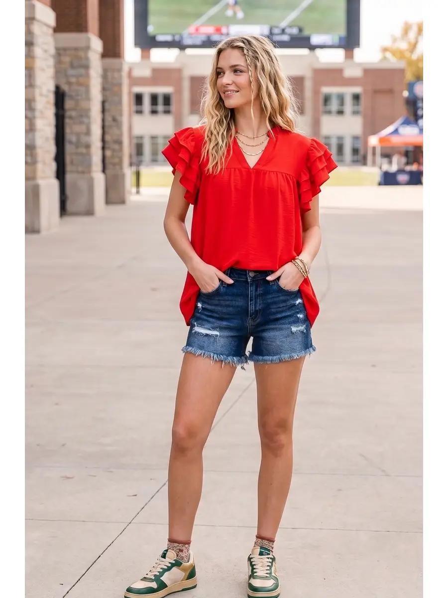 Red Airflow Ruffle Sleeve Blouse