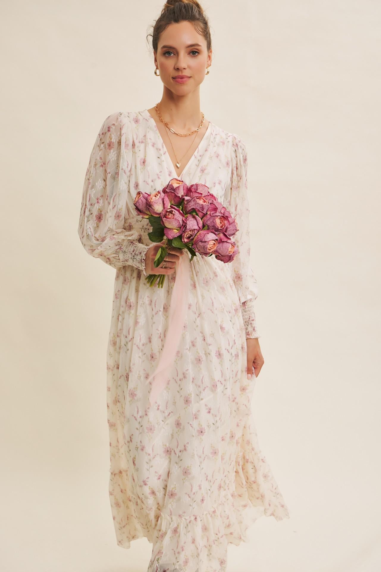 Dreamy Floral Mesh Maxi Dress With Smocked Waist
