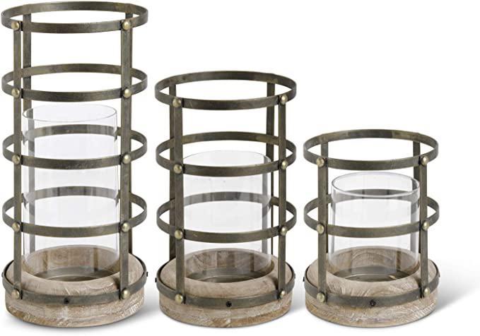 Antique Gold Riveted Cage Hurricane W/Glass Insert
