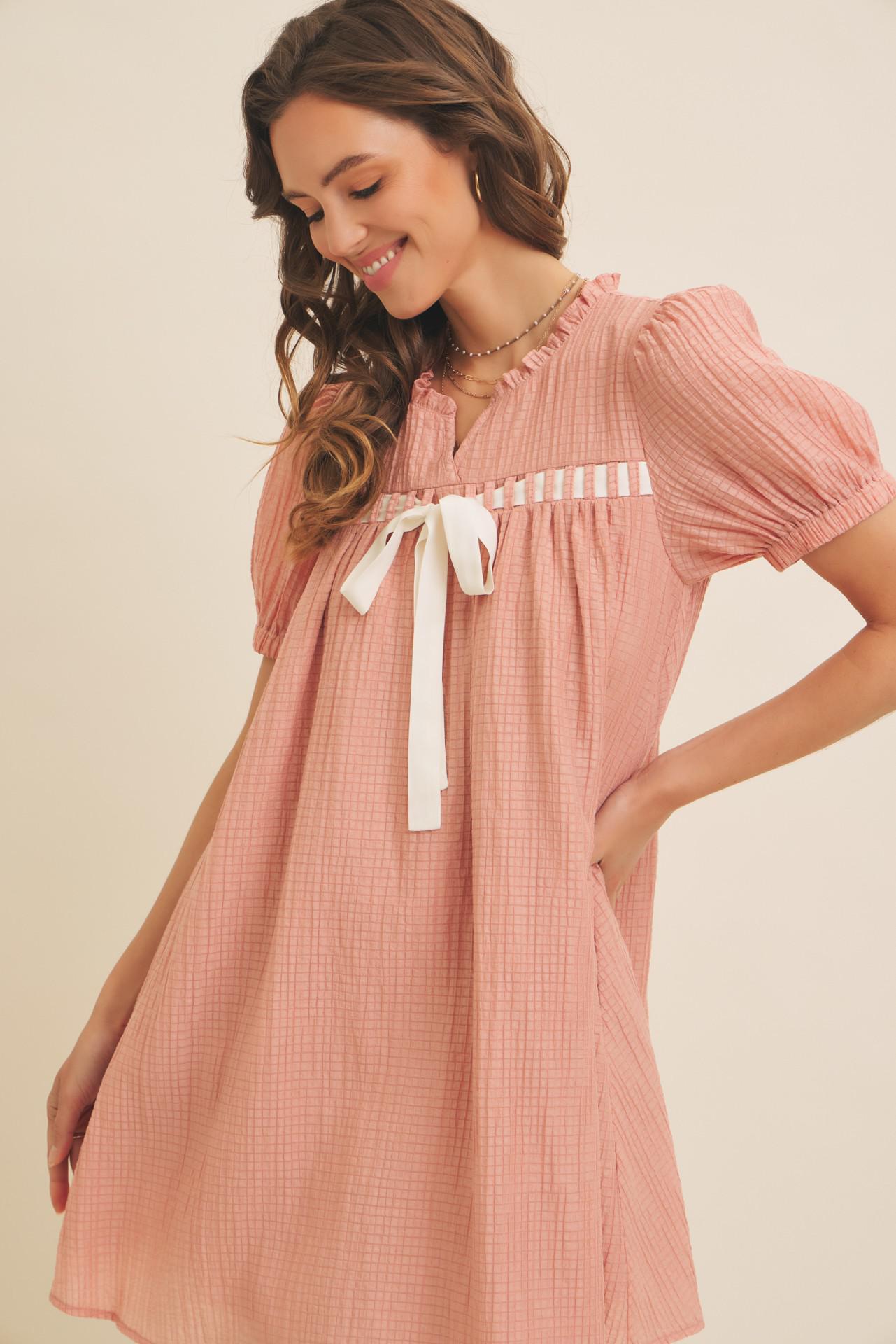 Textured Babydoll Mini Dress With Front Bow