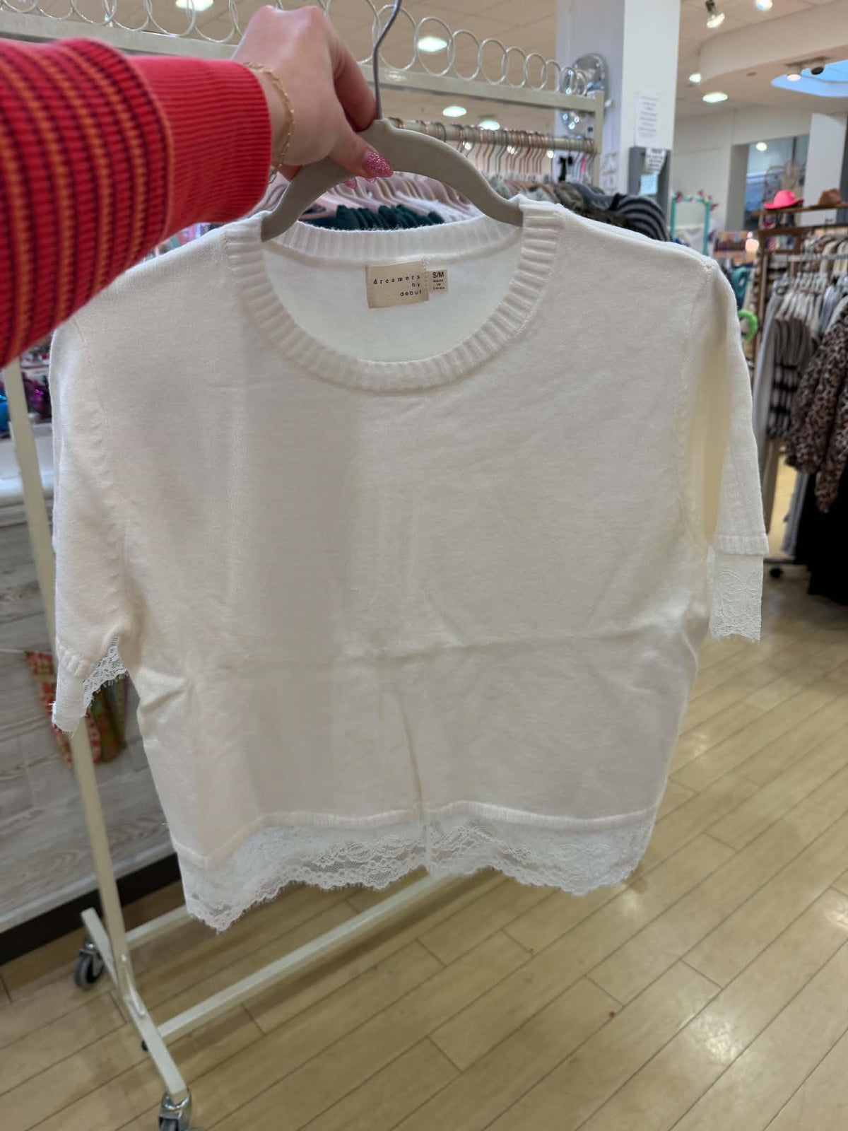Ivory Lace Border Short Sleeve Sweater Top