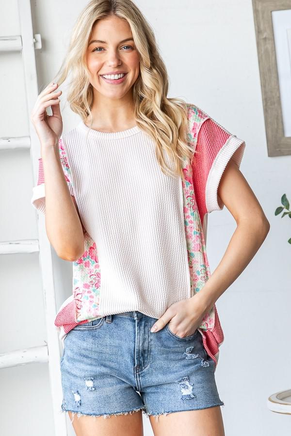 Short Sleeve Solid And Floral Top