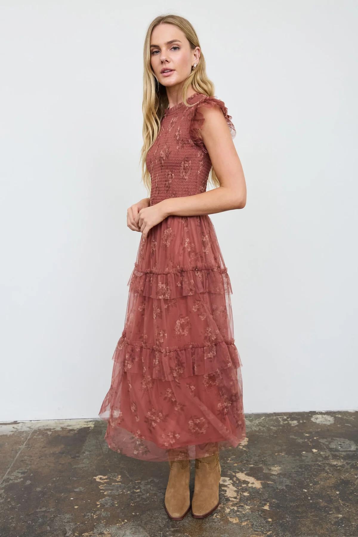 TERRACOTTA SMOCKED RUFFLE TIERED FLORAL MIDI DRESS