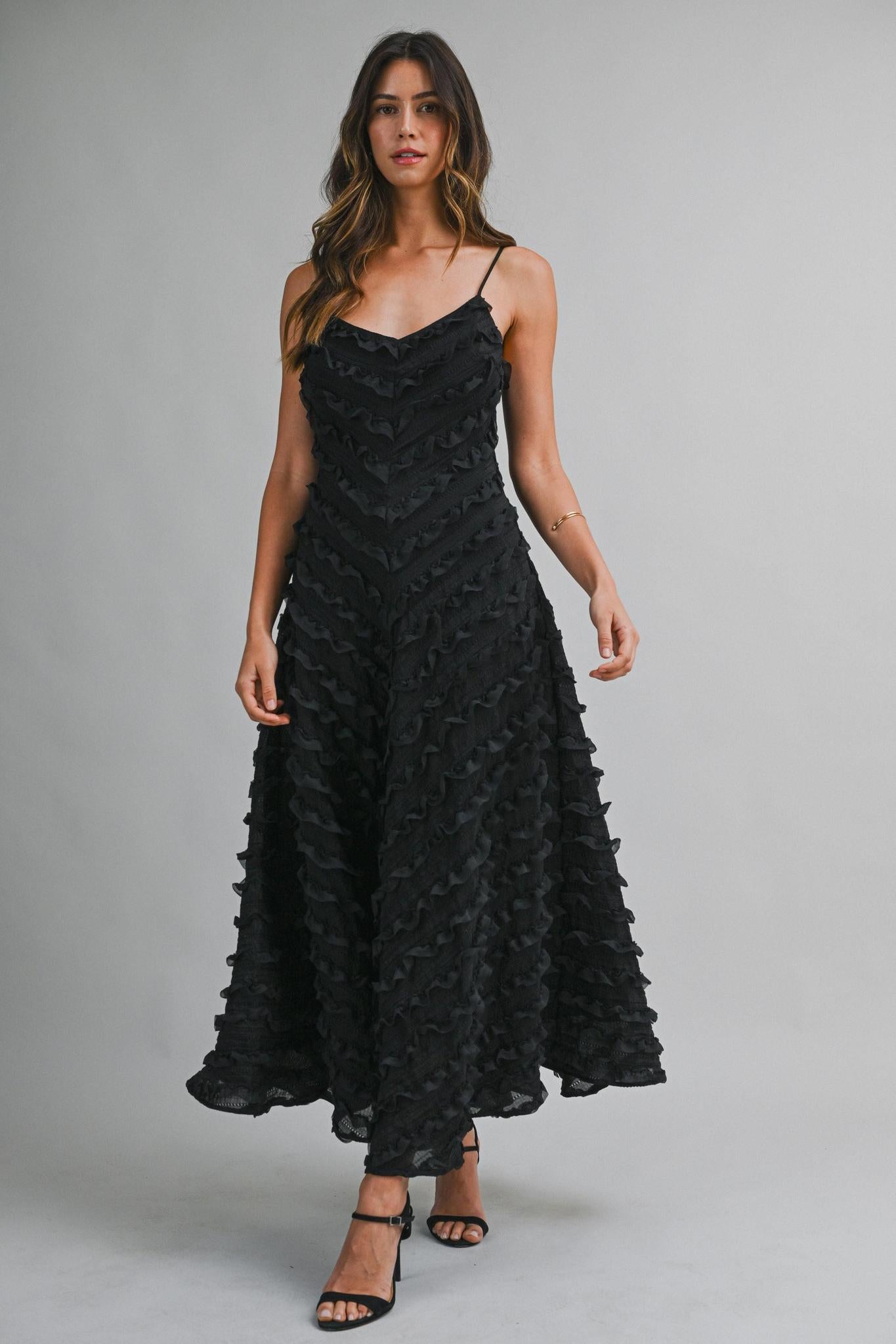 Black Adjustable Spaghetti Strap Chevron Ruffle Detail Midi Dress