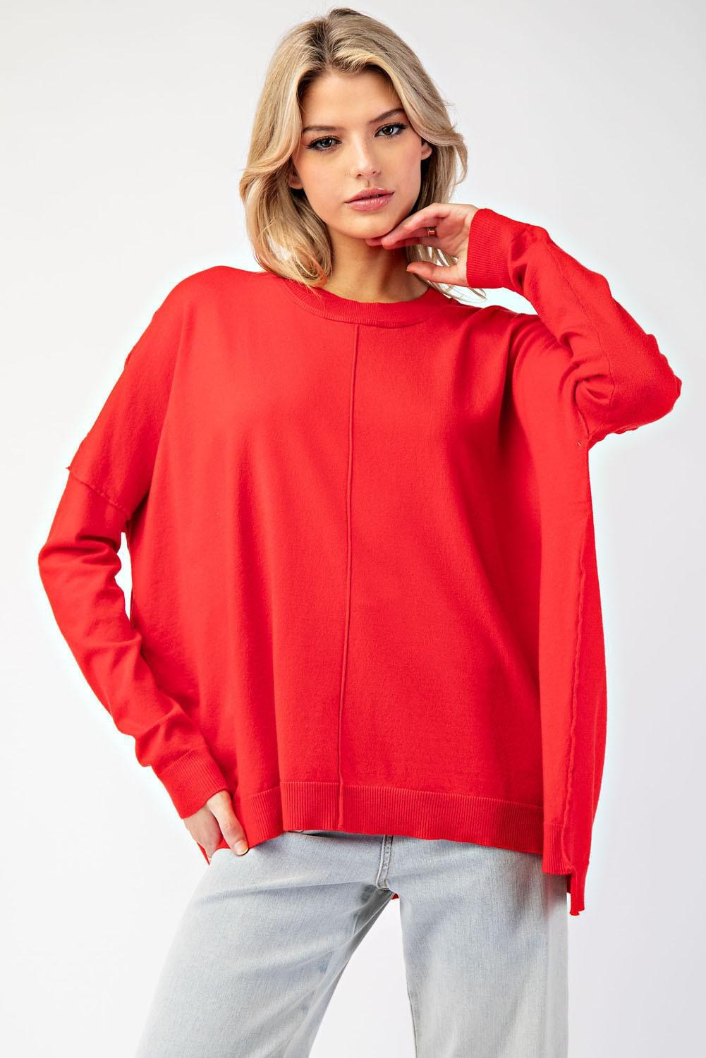 Red Long Sleeve Round Neck Sweater Top
