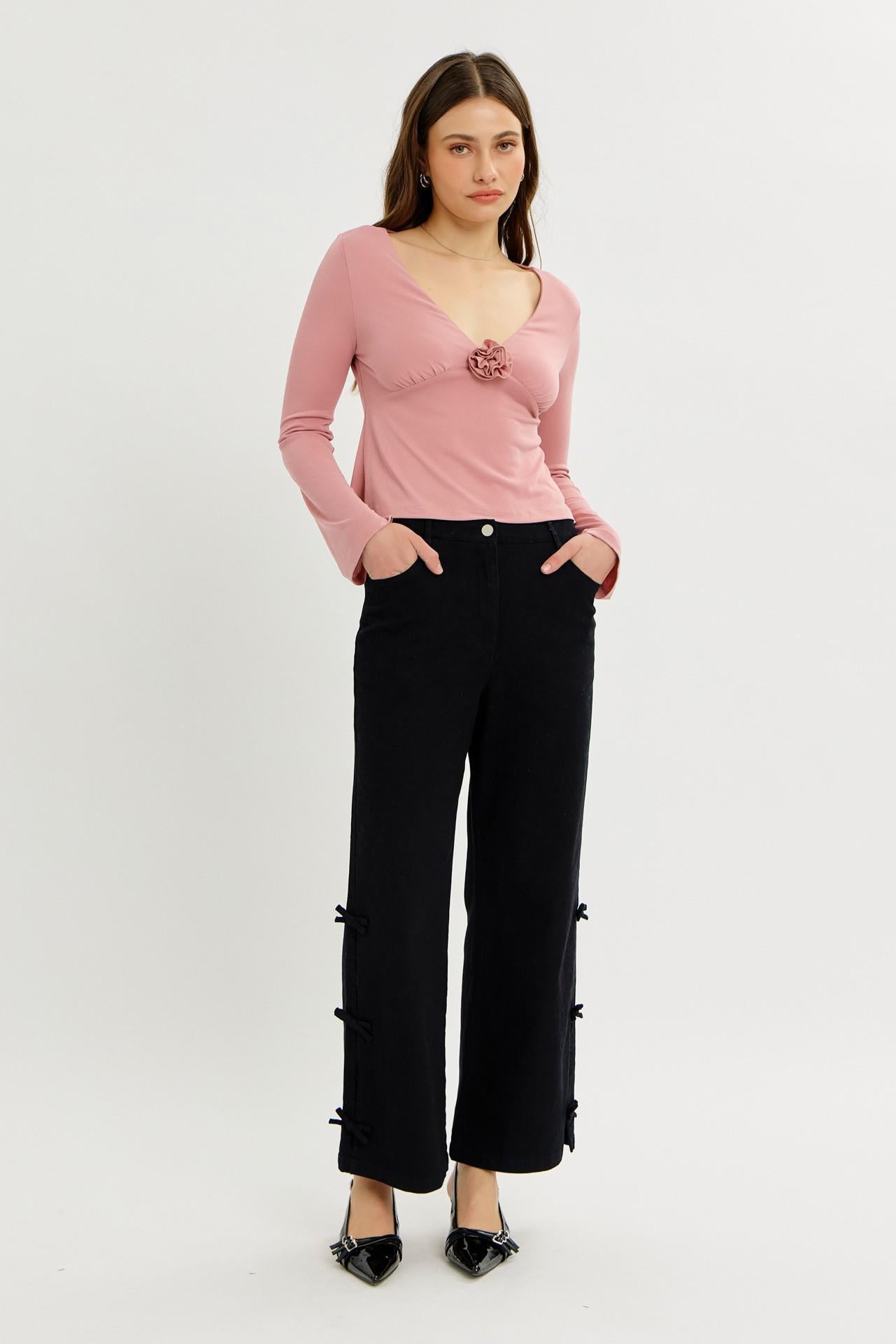 Garment Washed Side Bow Detail Western Pants