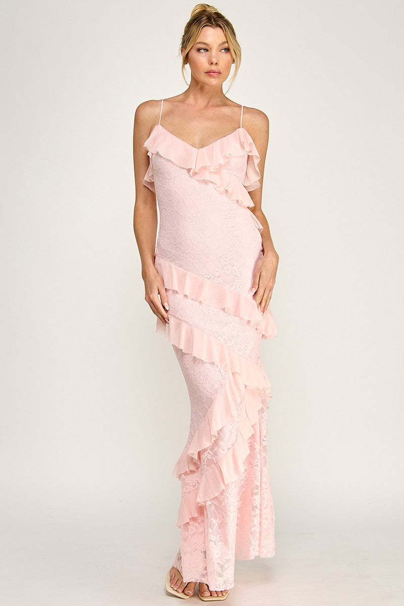 Light Pink Sleeveless Strap Open Back Ruffle Maxi Dress