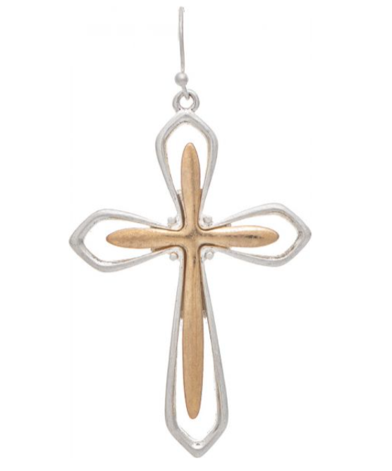 Two Tone Silver Rim Gold Cross Earring