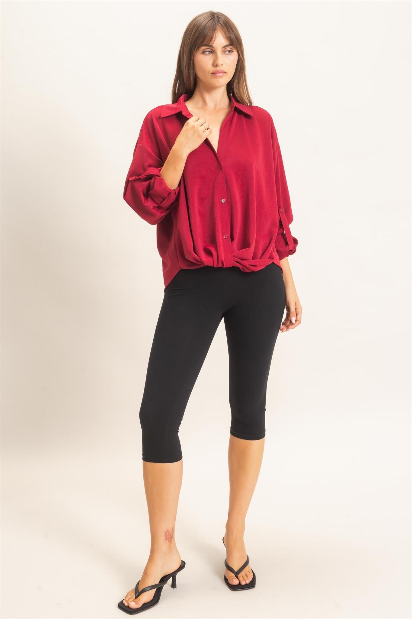 Burgundy Button-up Dolman Sleeve Top
