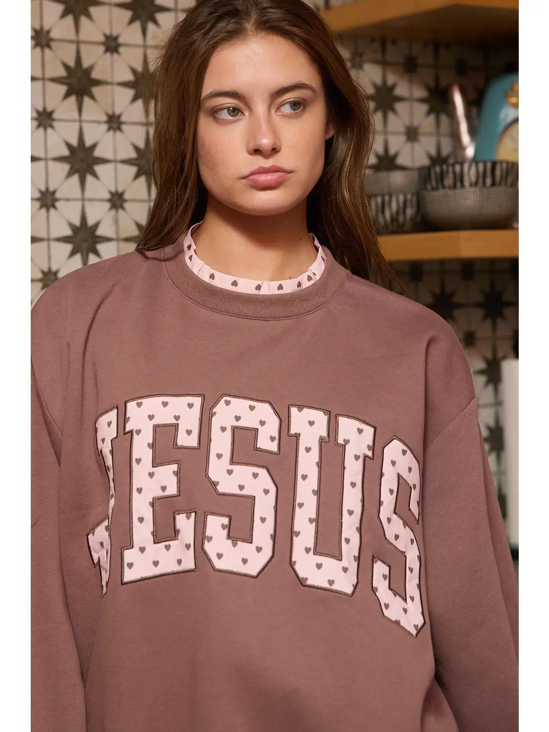 'Jesus' Polka Heart Applique Varsity Crewneck Sweatshirt