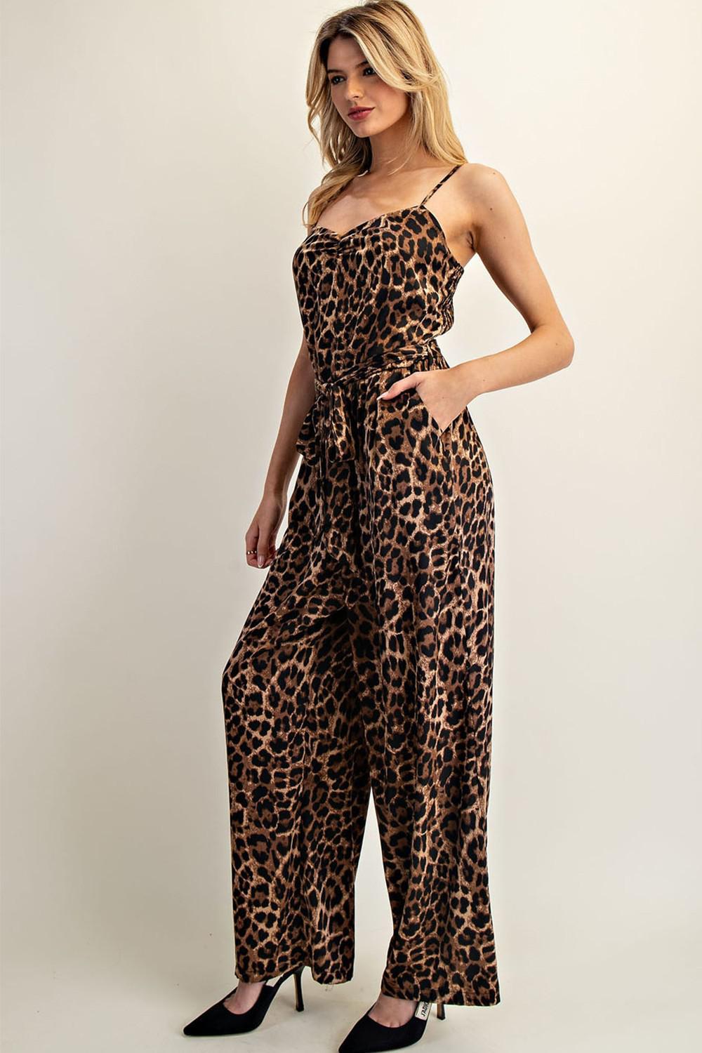 Leopard Tie Waist Sleeveless Jumpsuit