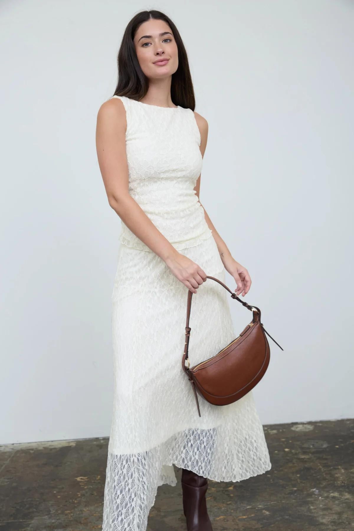 Cream Lace Boatneck Top and Midi Skirt SET
