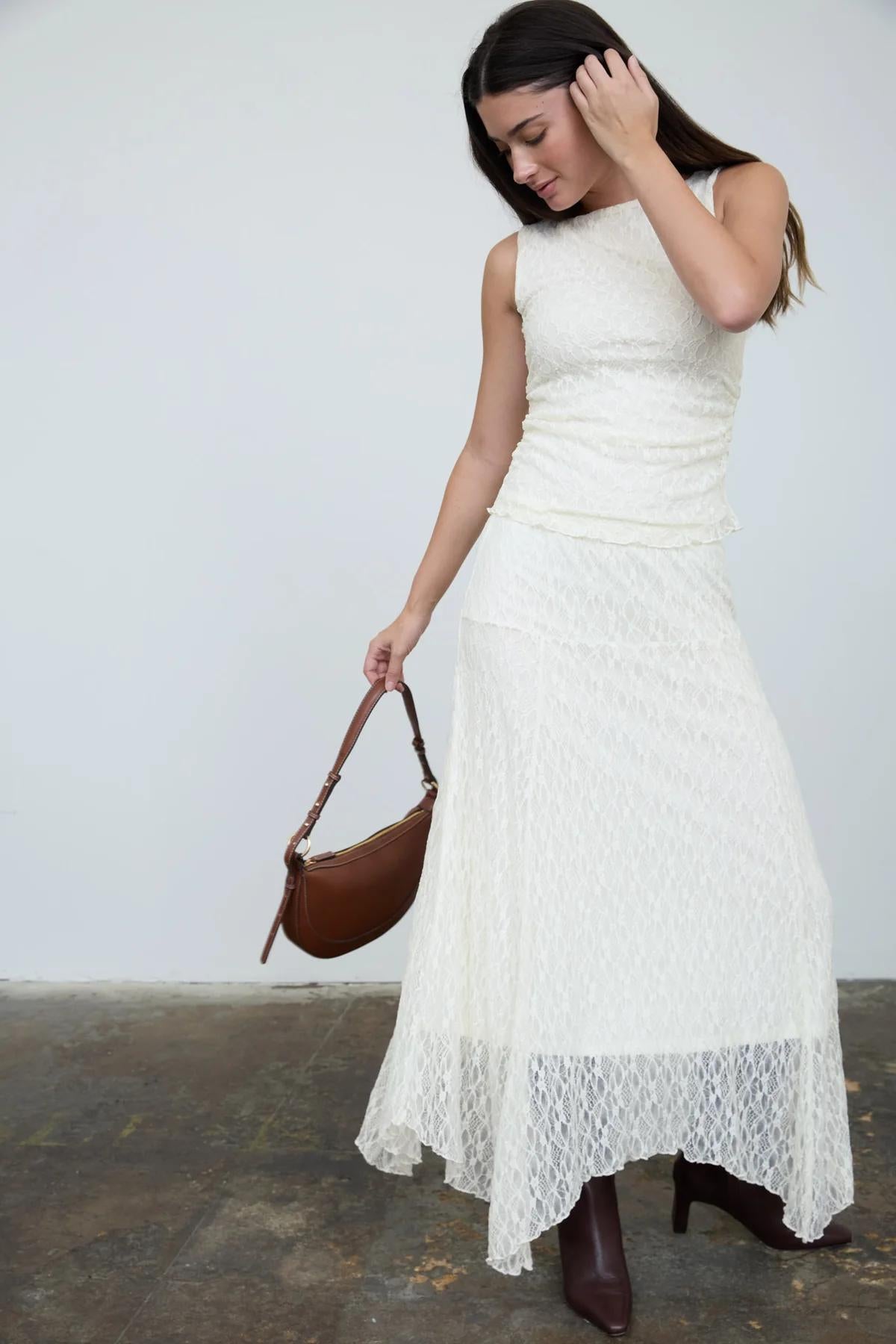 Cream Lace Boatneck Top and Midi Skirt SET