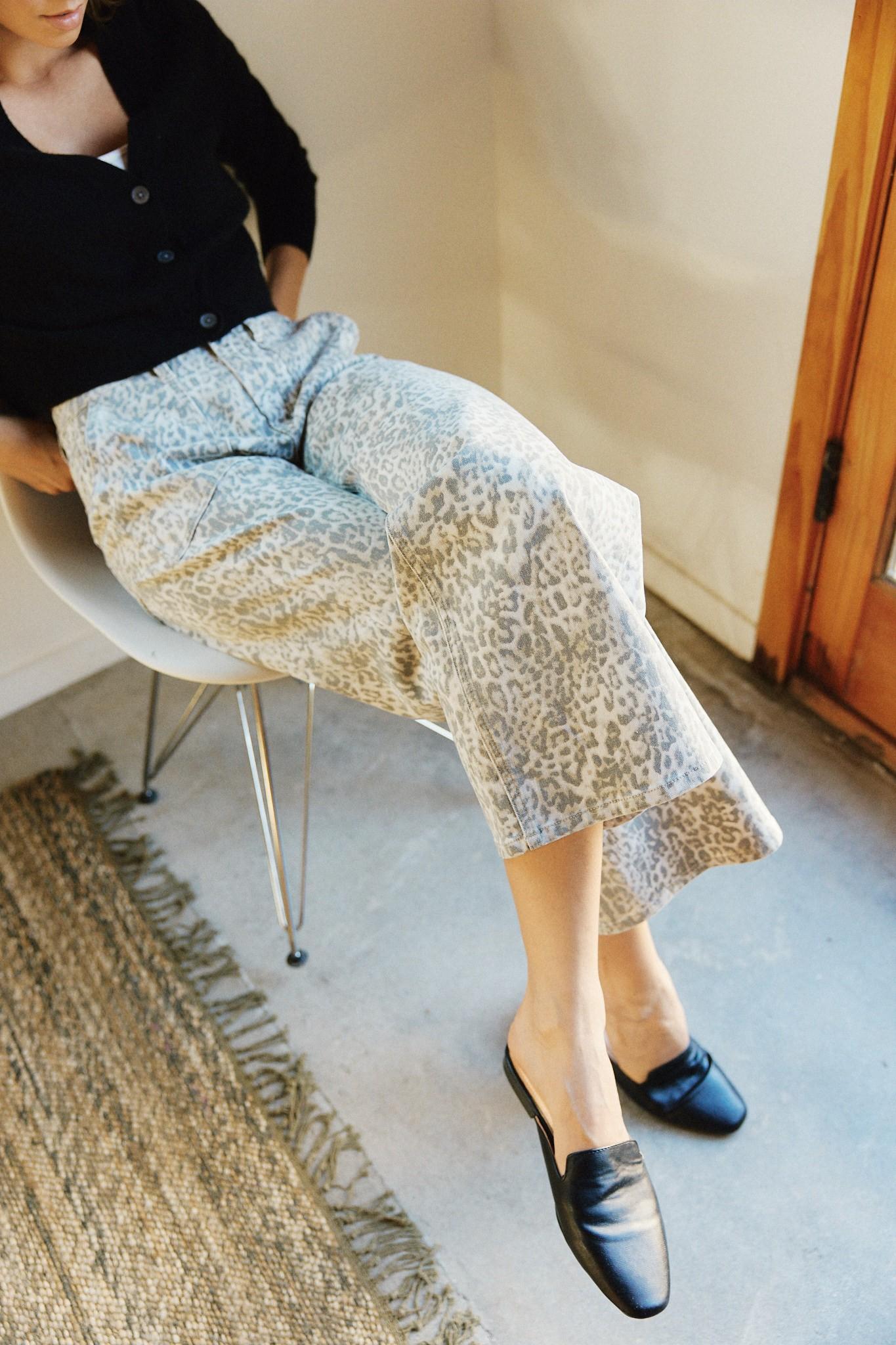 High Rise Patch Pocket Leopard Print Baggy Wide Jeans