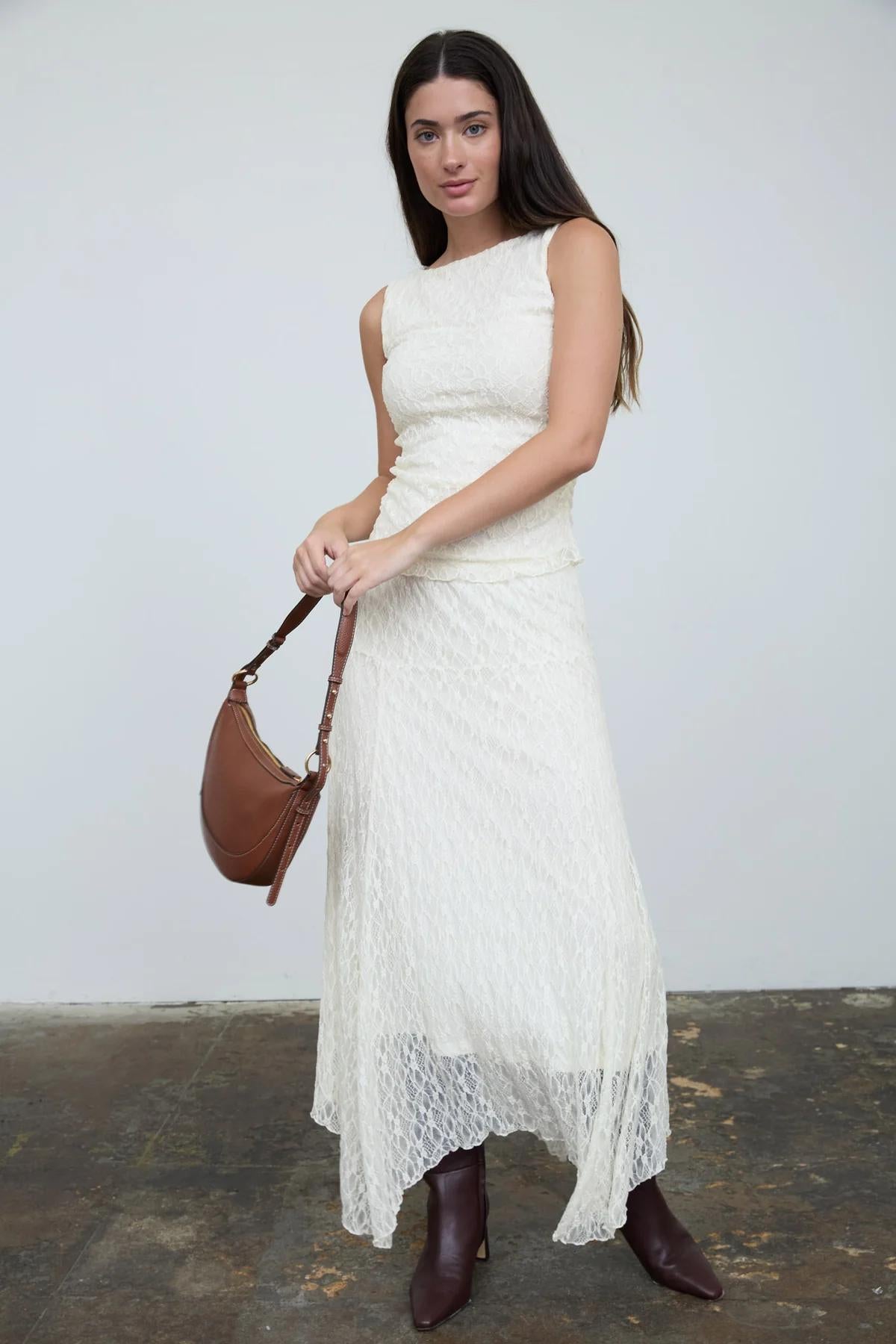 Cream Lace Boatneck Top and Midi Skirt SET