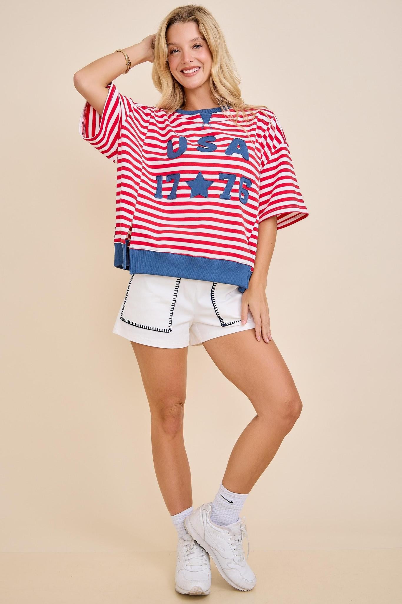 USA Rope Embroidery Striped Top