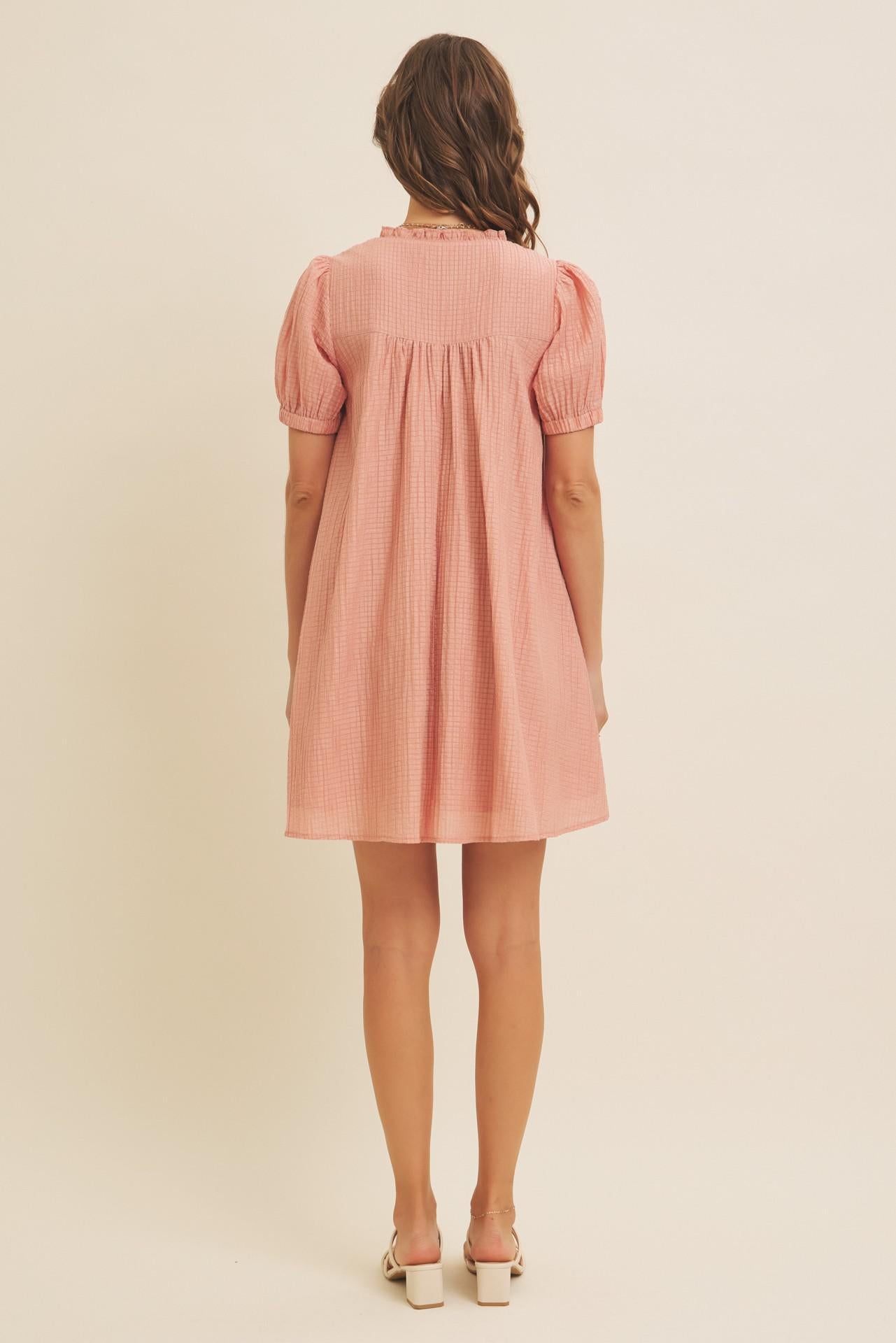 Textured Babydoll Mini Dress With Front Bow