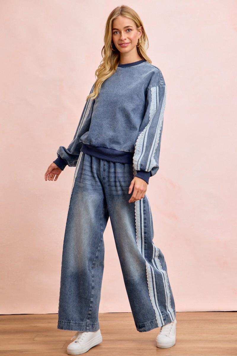 Washed Lace Contrast Sided Denim Pants