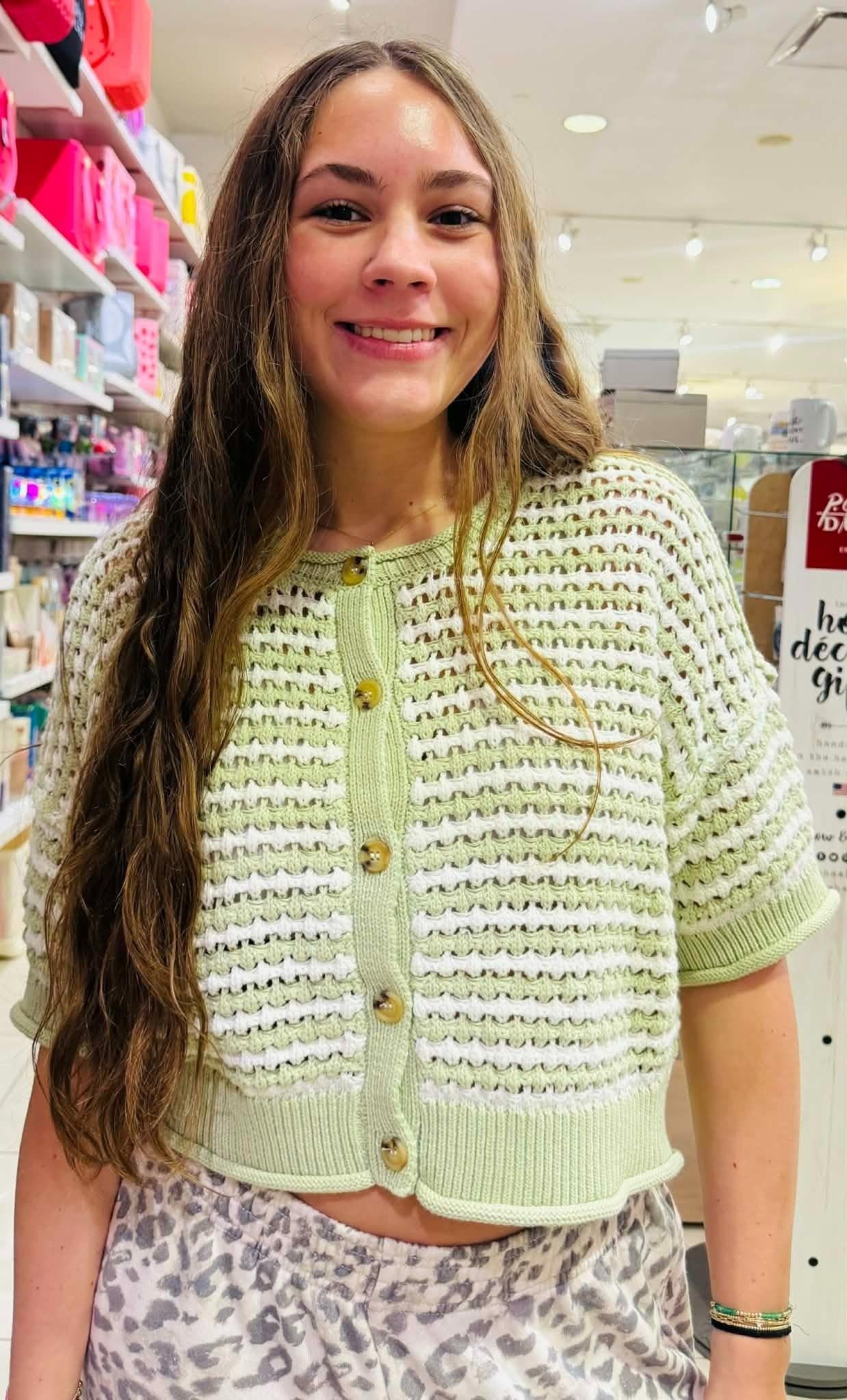 Crocheted Button Down Short Sleeve Sweater