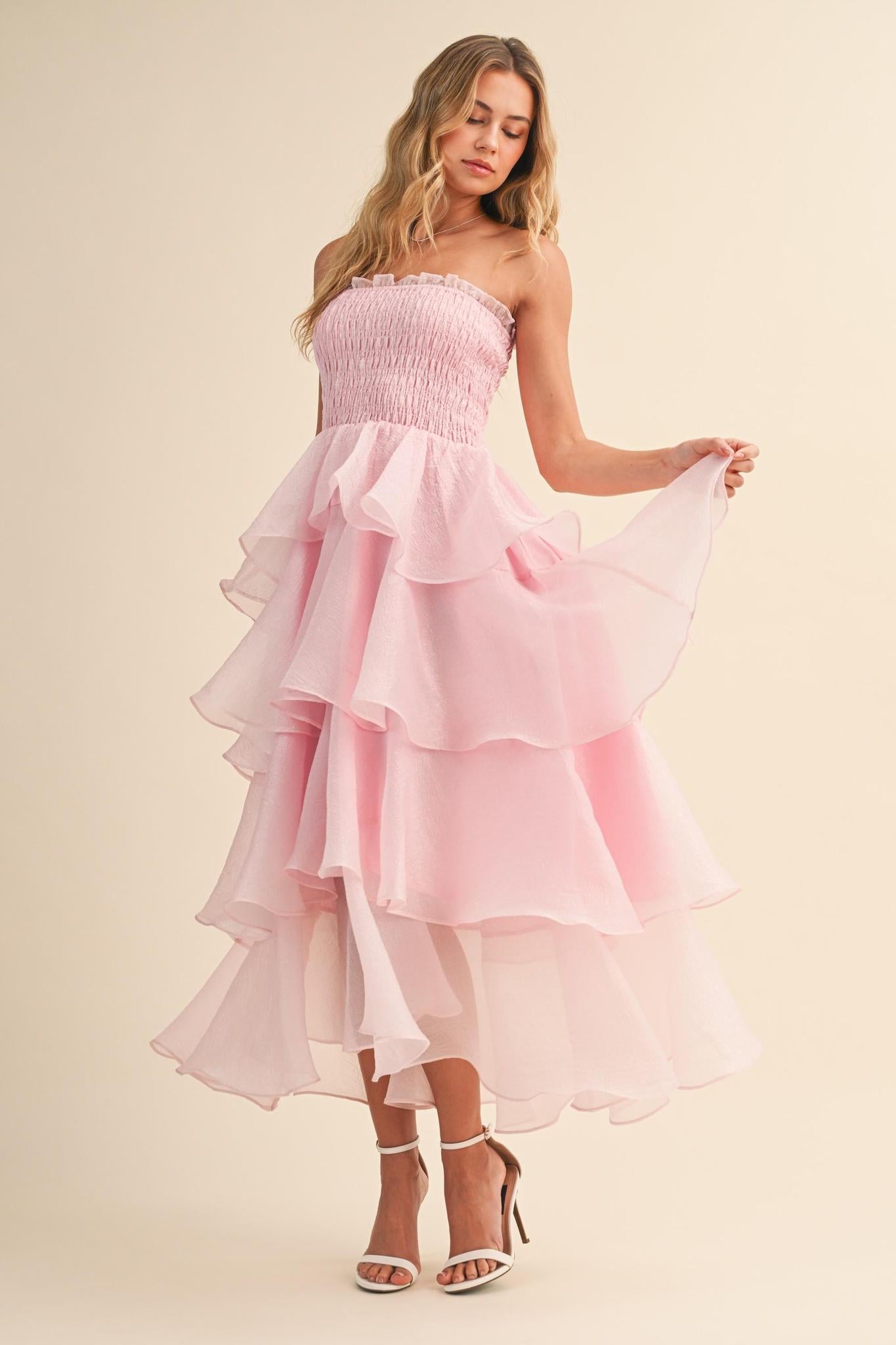 Strapless Tiered Ruffled Layered Maxi Dress