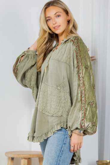 Olive Bohemian Stonewashed Rayon Bat Sleeves Top
