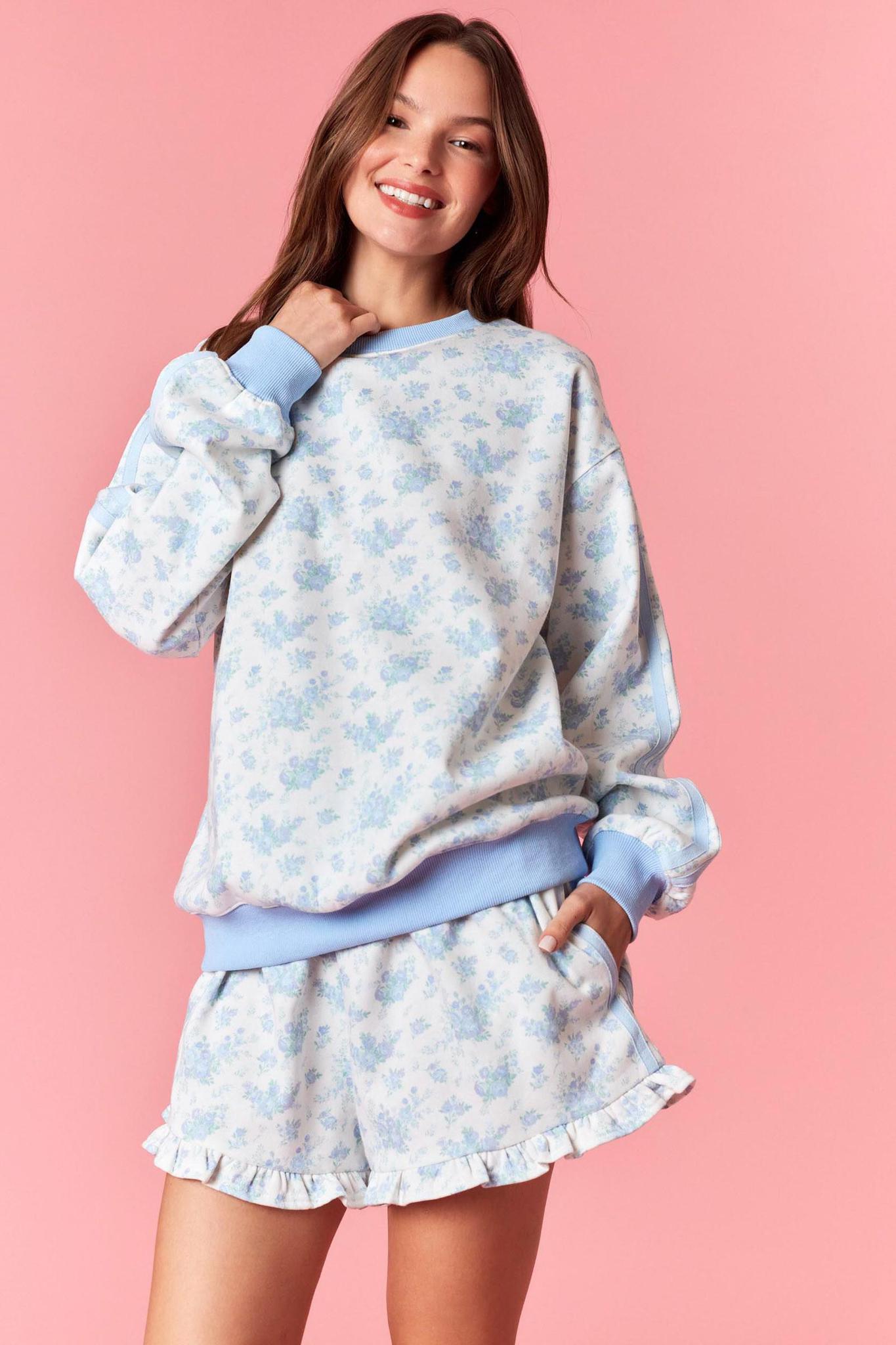Blue Floral Print Terry Sweatshirt