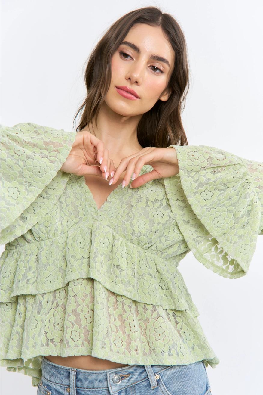 Sage Long Sleeve Lace Ruffle Blouse