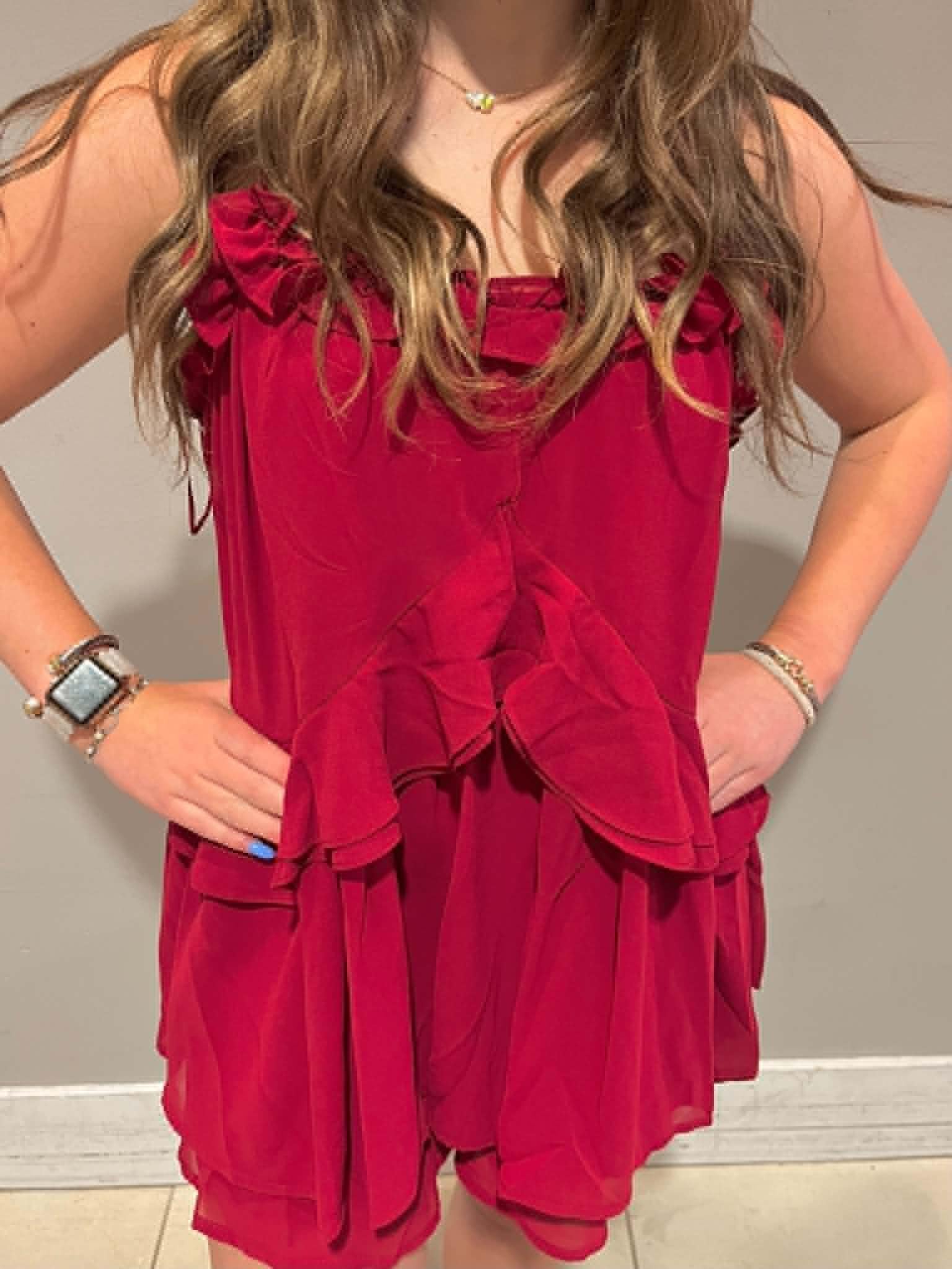 Crimson Ruffle Detail Shoulder Tie Flare Romper