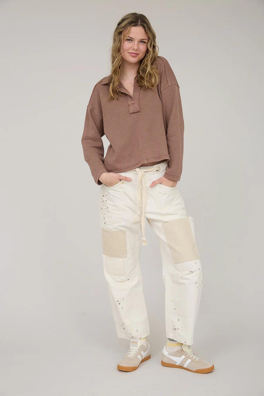 Brown Exposed Seam LS Textured Knit Polo