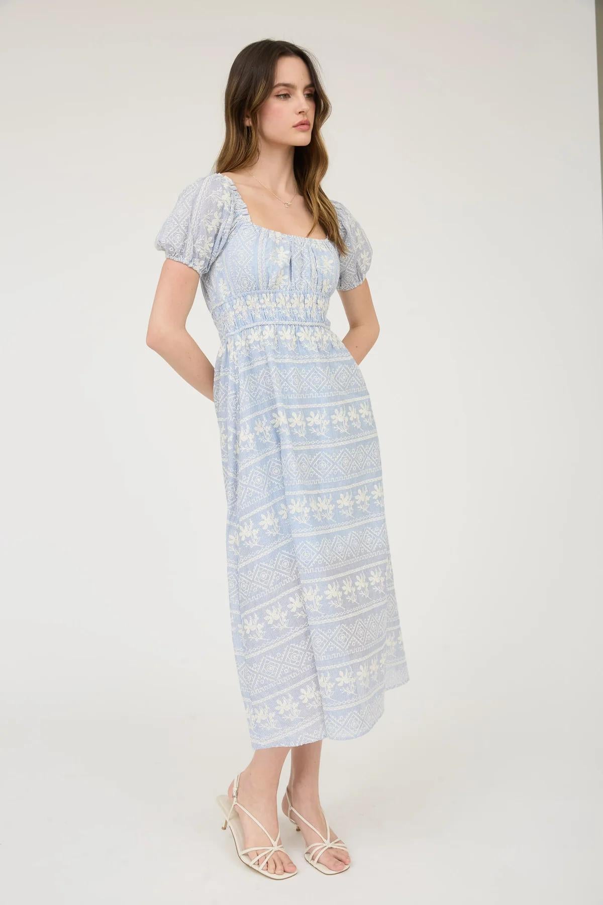 STRIPE FLORAL EMBROIDERY BLUE MAXI DRESS