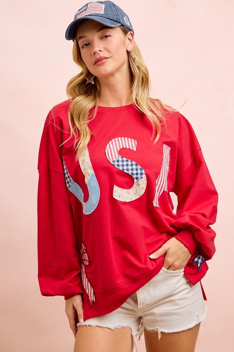 Red 4th of July Pattern Patch Bow Sides Sweatshirt