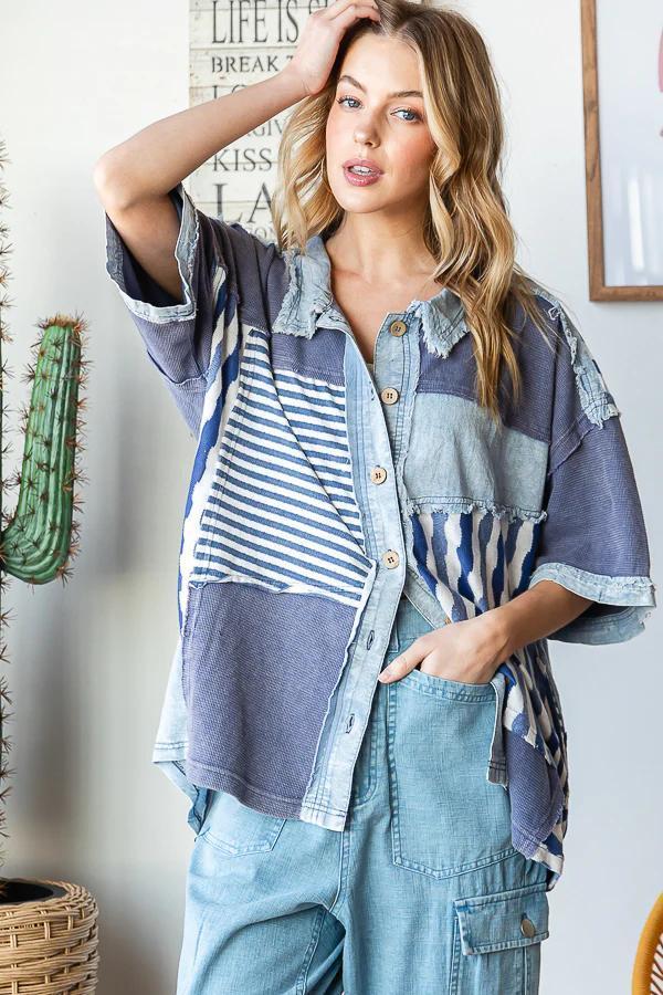 Washed Color Block Short Sleeve Button-Up Top