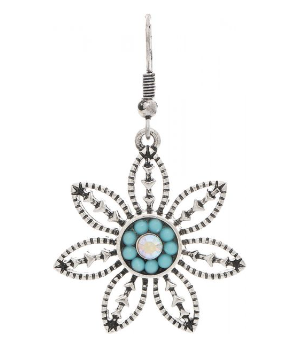 Silver Blue Bead Center Pointy Flower Earring
