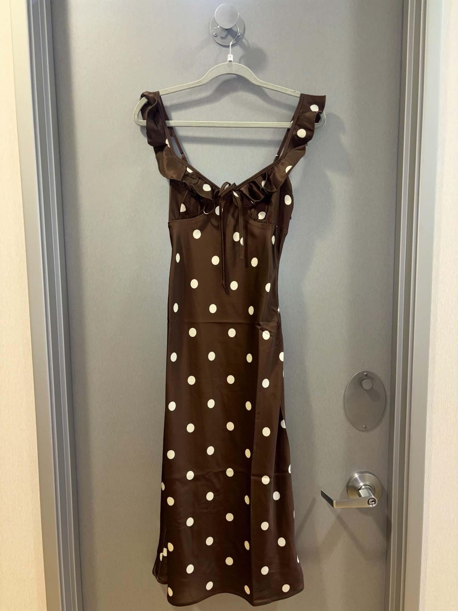 Brown Polka-Dot Ruffle Sleeve Midi Dress