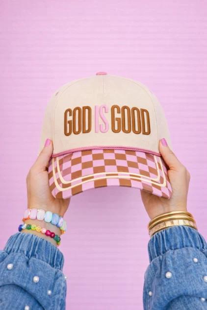 "God is Good" on Tan Hat with Checkered Bill