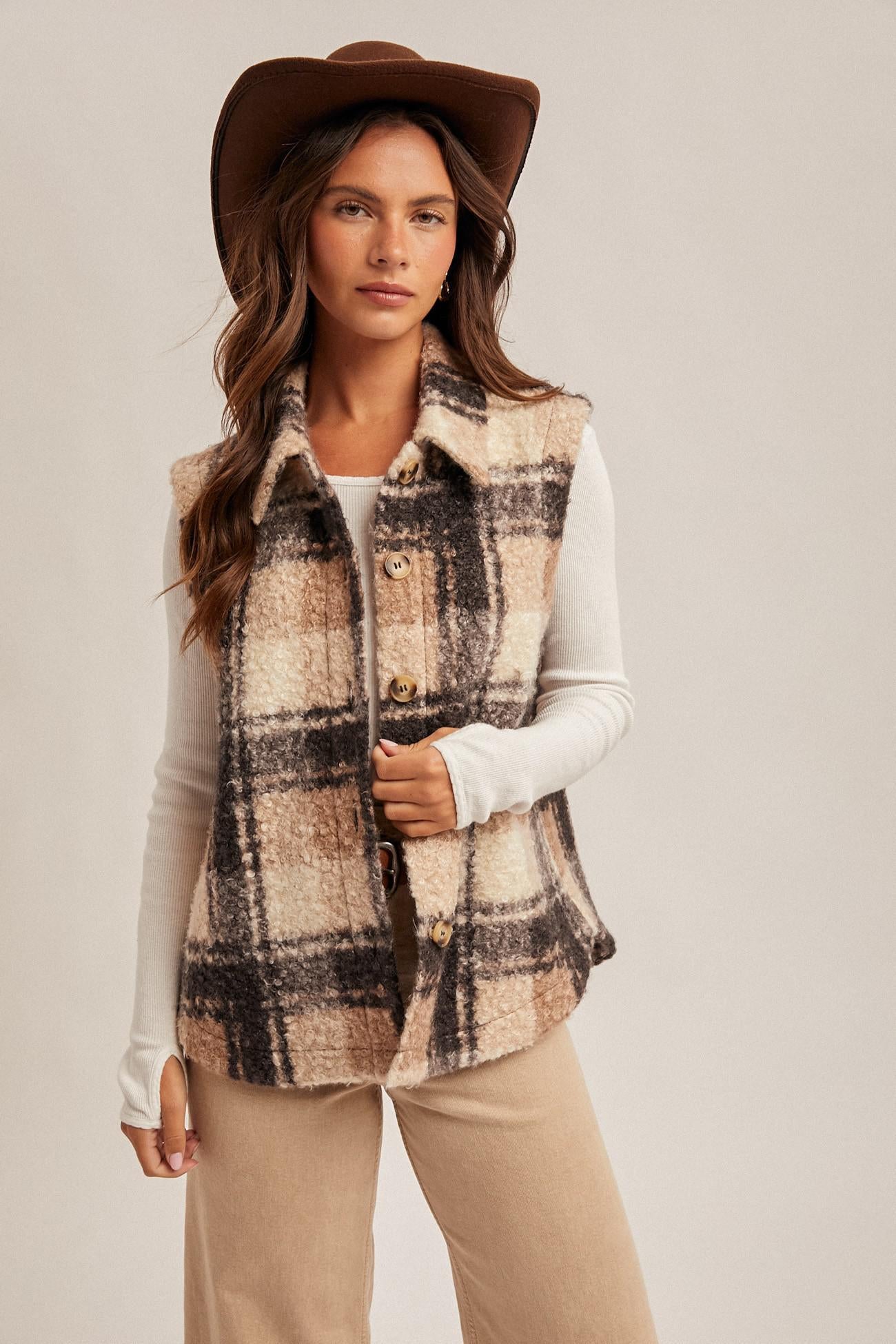 Plaid Boucle Button Down Vest