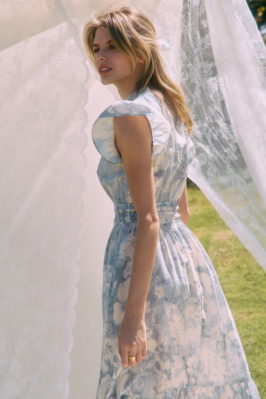 Sky Blue Floral Tiered Midi Dress