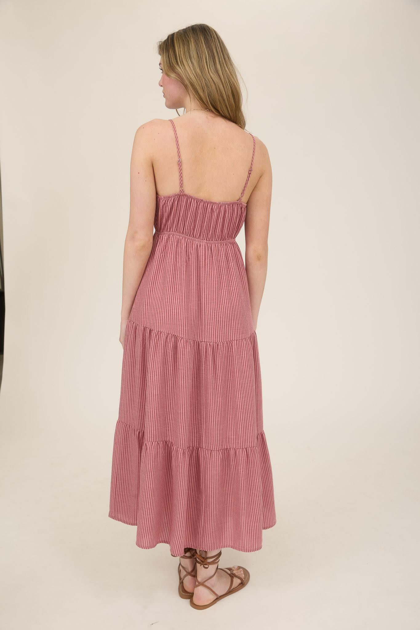 Striped Front Tie Tiered Midi Sundress