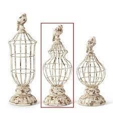 Whitewashed Metal Cage Finials W/ Bird On Top